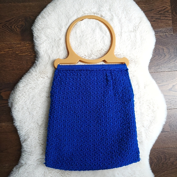 Vintage Crochet 1970s Handmade Knit Unique Royal Blue Hobo Bag Purse - Picture 9 of 9